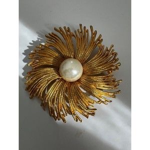 Vintage MCM Cordelia  Flower Faux Pearl Brooch Pin Golden tone Oversized